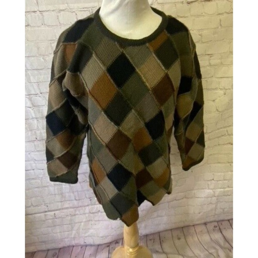 Peruvian Connection 100% Merino Wool Diamond Pattern Sweater Brown Green Size S